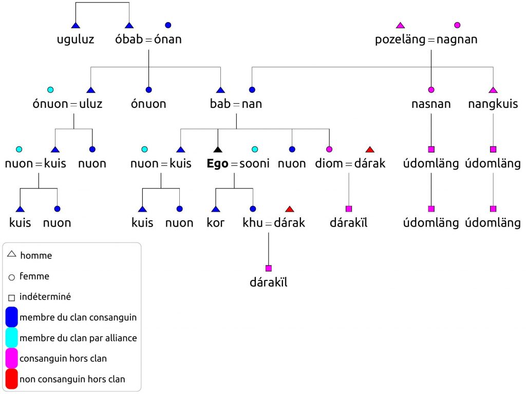 Diagramme des relations de parenté consanguine en greedien ancien.